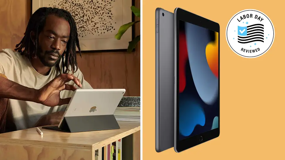 Man working on ninth generation Apple iPad and ninth generation Apple iPad in front of orange background.