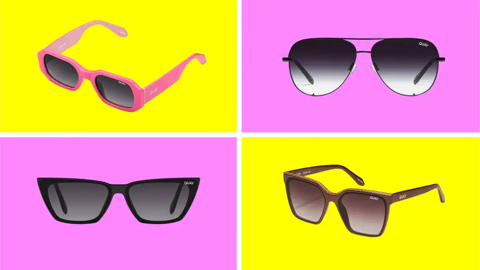 Four pairs of Quay sunglasses in front of multicolored backgrounds.