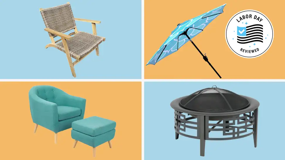 At Home patio furniture on a colored background.