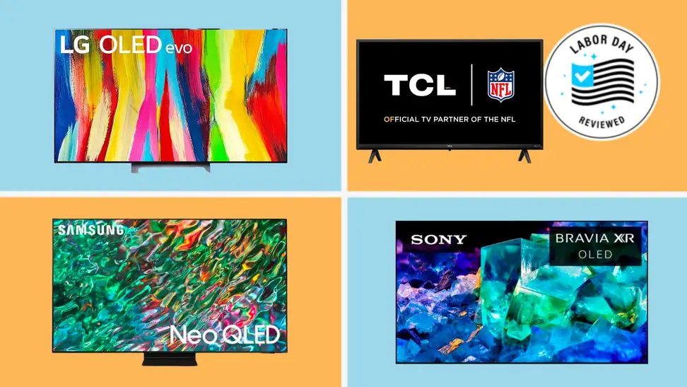 Four TVs on a colorful background