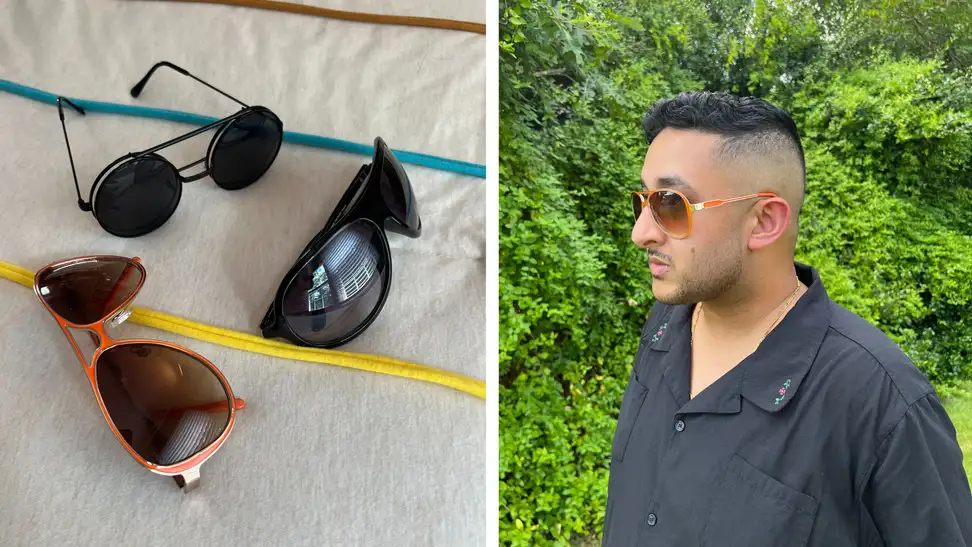 Three pairs of sunglasses on a striped sheet, and the author wearing a pair of orange aviators.