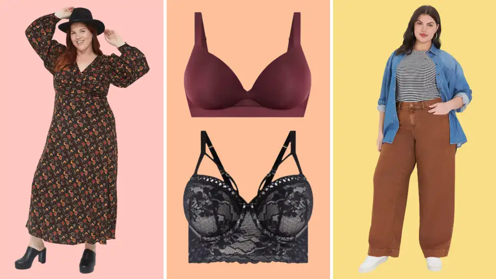 Photo of various Lane Bryant bras and clothing on a multi-colored background.