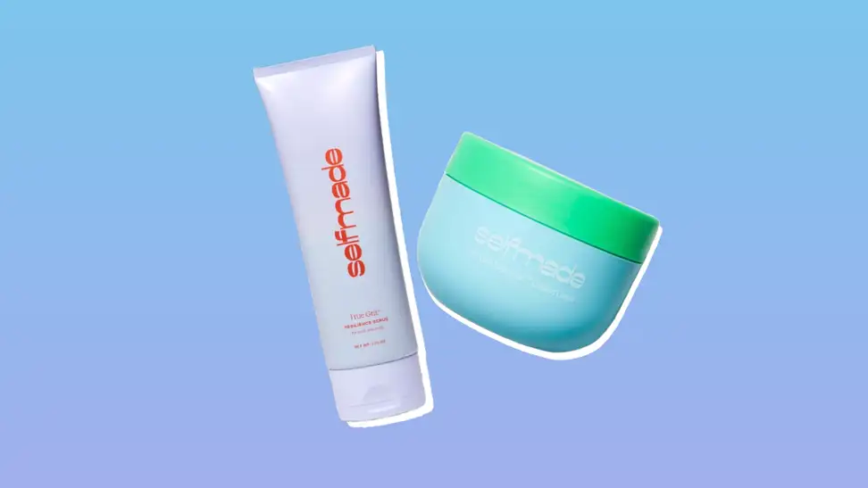 Selfmade exfoliator and moisturizer against a blue and purple background.