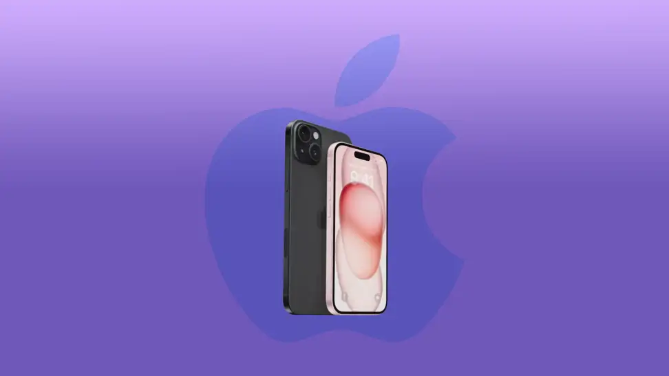 The iPhone 15 on a purple background with the Apple logo.