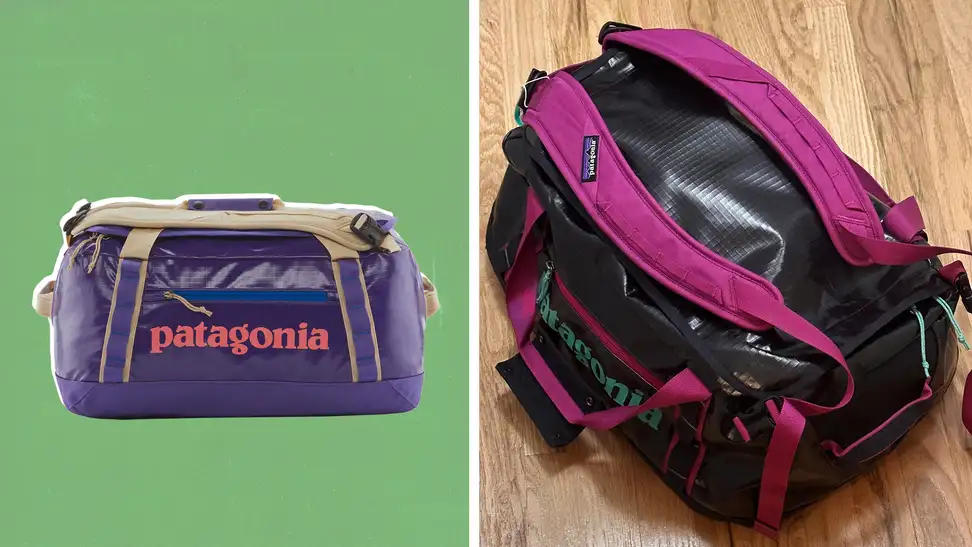 A purple Patagonia bag against a green background, and also a photograph of a black version of the bag with pink details on a wooden floor.