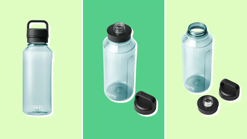 Three Yeti Yonder water bottles featuring the chug cap and a cap with a handle.