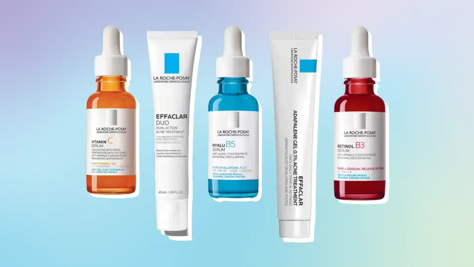 Collage of three serums and two lotion treatments against a purple, green, and blue background.