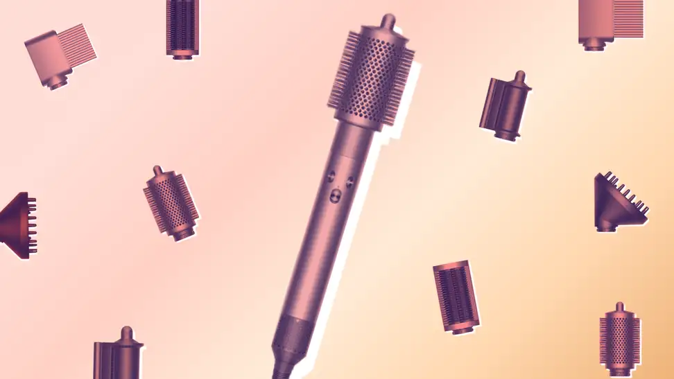 Dyson Airwrap surrounded by five hair attachments.