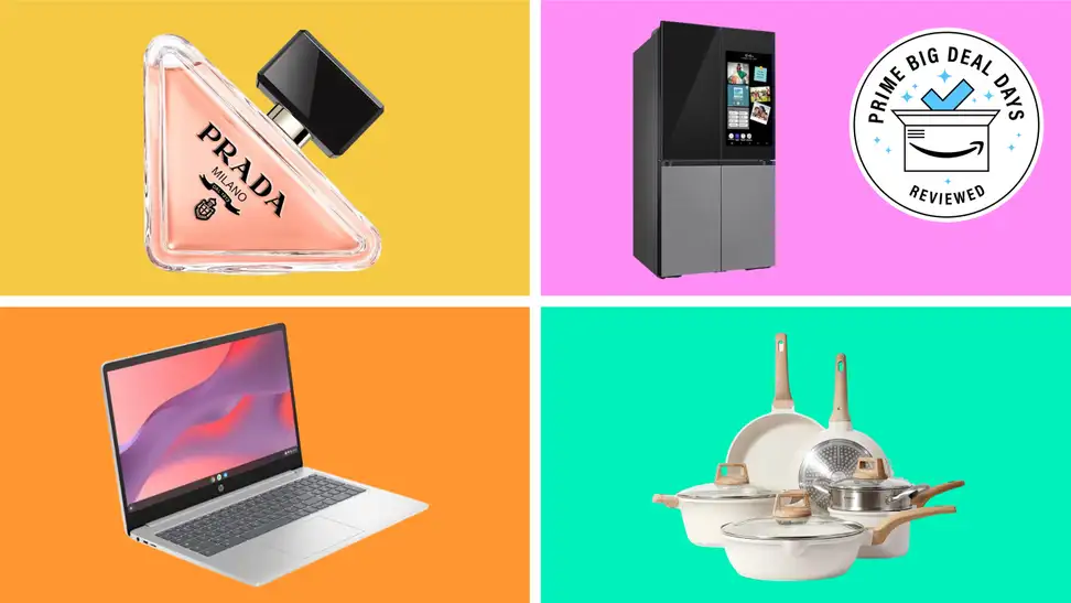 Four products on sale ahead of October Prime Day with the Prime Big Deal Days Reviewed badge in front of colored backgrounds.