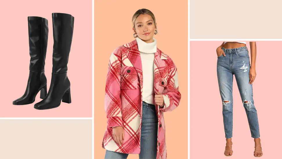 A woman wearing a Lulus pink, plaid fall jacket, next to a pair of light blue jeans and knee high, leather black boots.