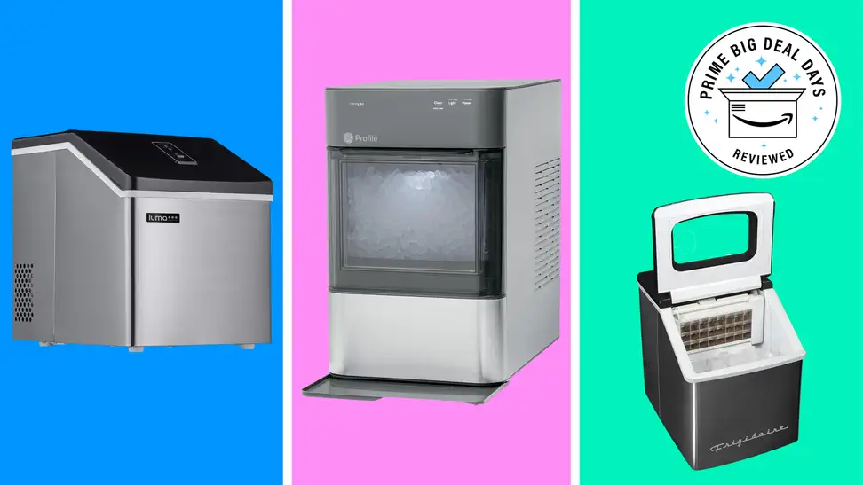 Three ice makers with the Prime Big Deal Days Reviewed badge in front of colored backgrounds.