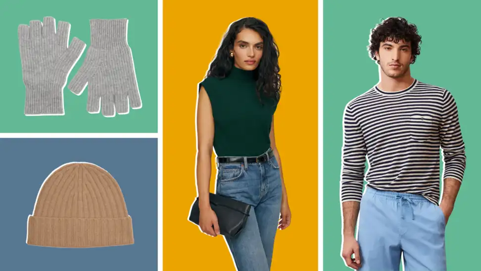Cashmere gloves, beanie, top, shirt.