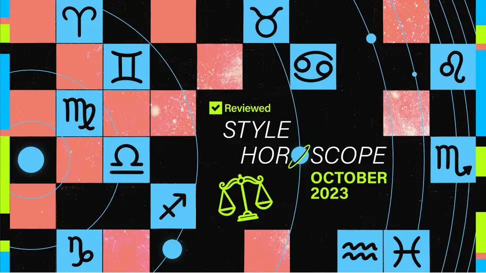 A title image that reads "Reviewed Style Horoscope October 2023," surrounded by blocks of stars and zodiac symbols.