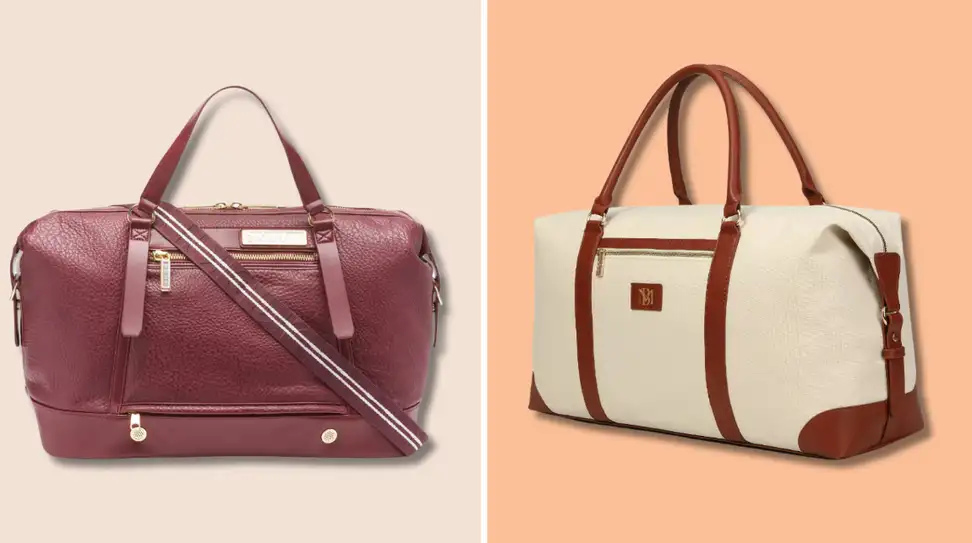 Two weekender bags. One DNKY one in wine color. One by Badgley Mischka in tan.