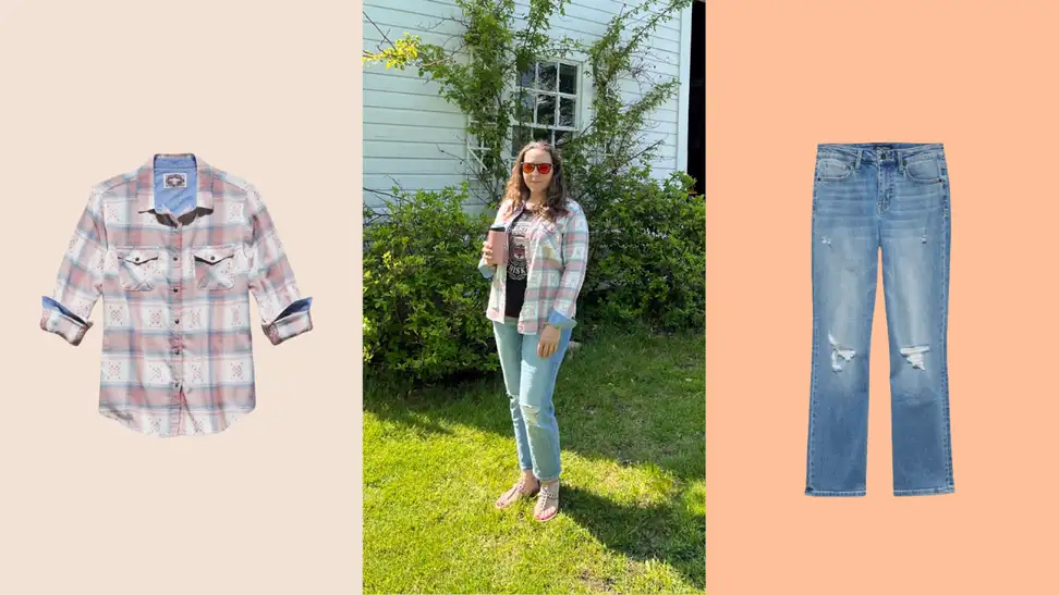 Left: Plaid Flag & Anthem shirt. Middle: Woman outside in front of barn wearing jeans and a plaid shirt over a graphic t-shirt. Right: Distressed jeans.