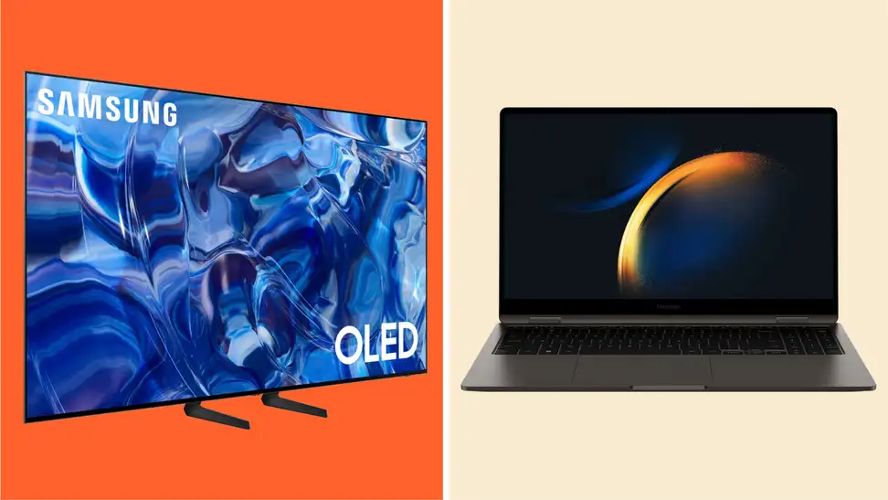 A collage of discounted Samsung products on a colorful background.