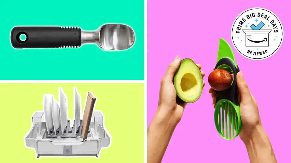 An ice cream scoop, avocado peeler and utensils on a colorblock background
