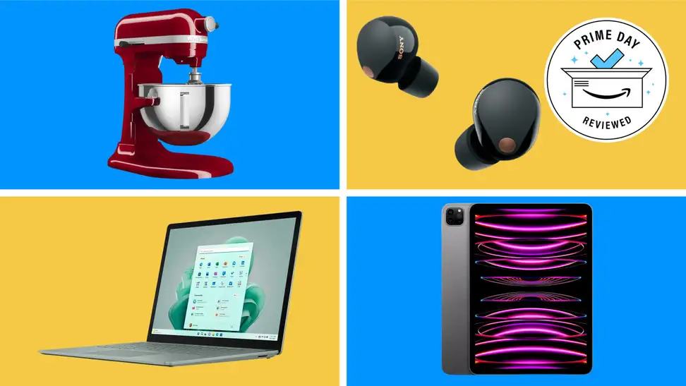 Four products currently on sale at Best Buy with the Prime Big Deal Days Reviewed badge in front of colored backgrounds.