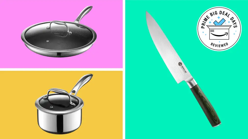 A frying pan, a sauce pan, and a knife sit on a color block background