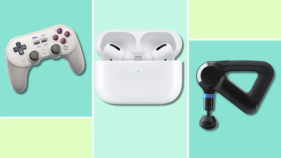 game controller, apple airpods, and a theragun massage gun