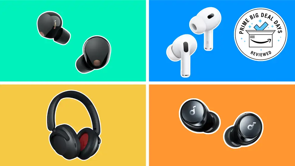 The Sony WF-1000XM5, Apple AirPods Pro 2, 1More Sonoflow, and Anker Space A40 on a multi-colored background.