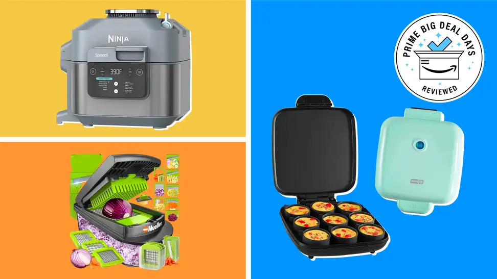 Ninja Speedi, Mueller Vegetable Chopper, and Dash Egg Bite Maker on colored backgrounds.