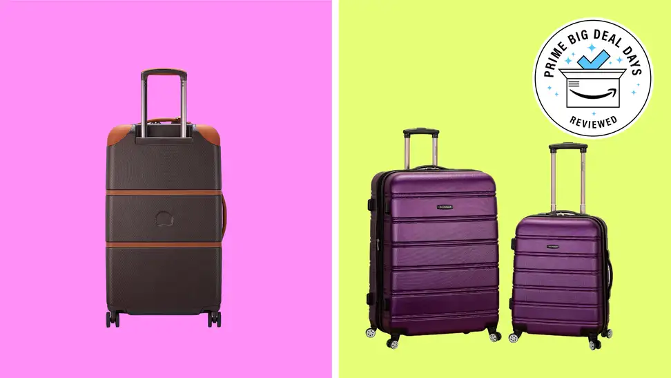 Delsey Paris Chatelet Hardside and Travelpro Platinum Elite Softside on colored backgrounds.