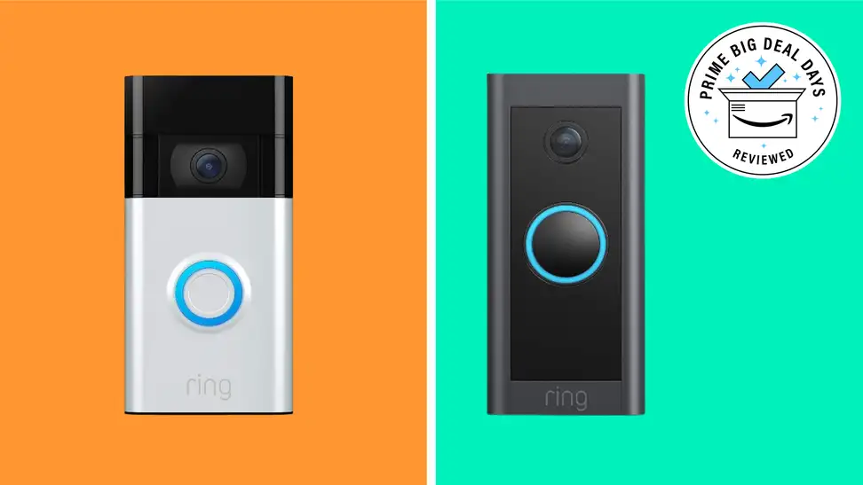 Two rectangular video doorbells sit on a colorblock background