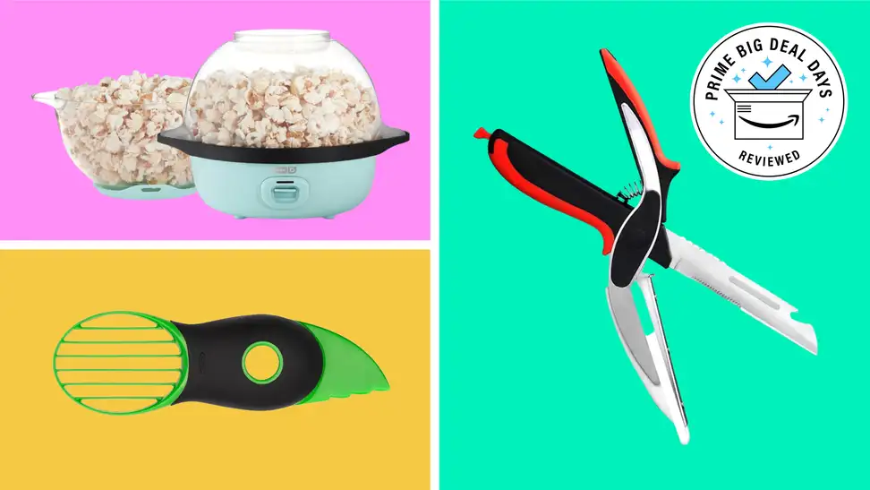 A popcorn maker, avocado slicer and vegetable scissors on a pink, orange, and green background.