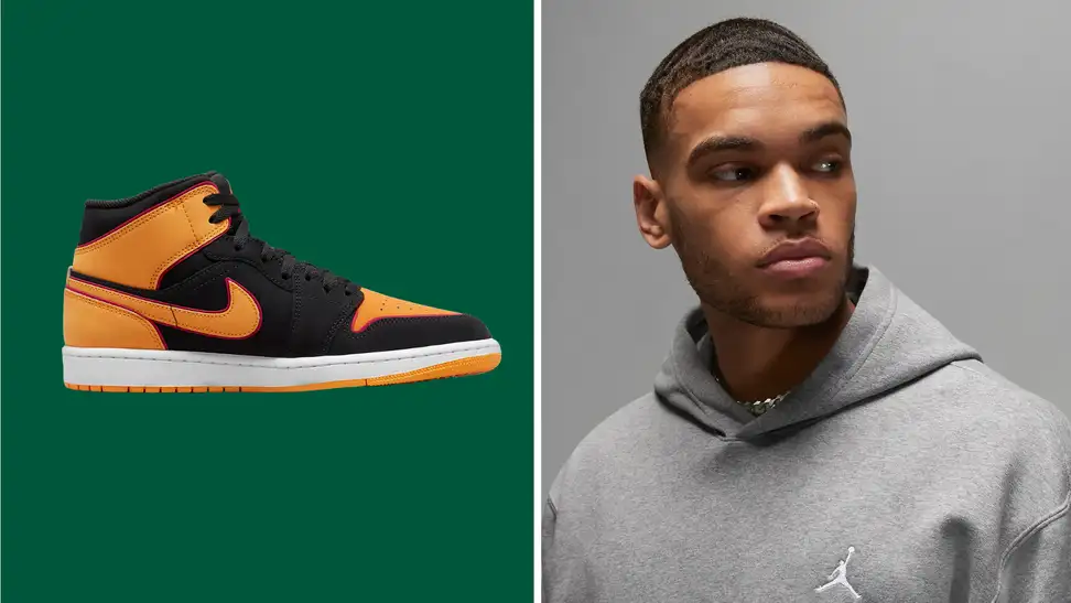 A collage with Nike shoes and a model wearing a Jordan hoodie.