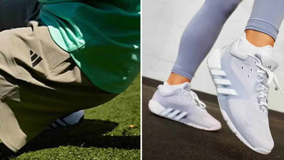 A collage with adidas shoes and pants.
