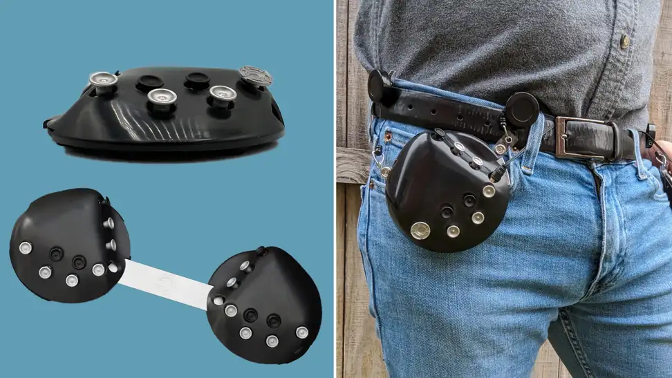 On right, shots of the black and silver CharaChorder One keyboard with bridge plate. On right, person wearing the Wear-a-Chorder keyboard attachment on waistband of blue denim jeans.