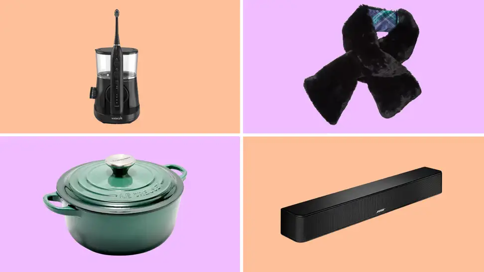 A collection of discounted items on sale at QVC in front of colored backgrounds.