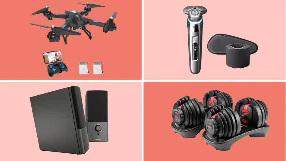 Vantop Snaptrain drone, Philips shaver, Bose speakers, Bowflex dumbbells.