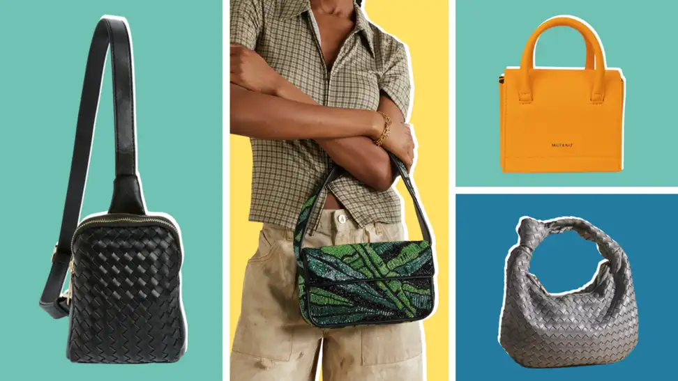A woven black bag, a model holding an embroidered green bag, an orange bag, and a woven gray bag.