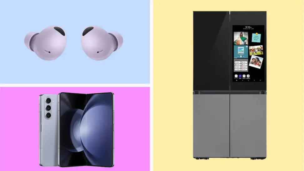 A collection of Samsung devices in front of colored backgrounds.