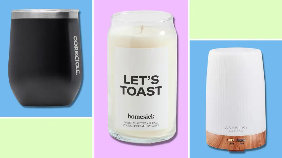 A Corksicle cup, a Homesick "Let's Toast" candle, and a Asakuki diffuser.