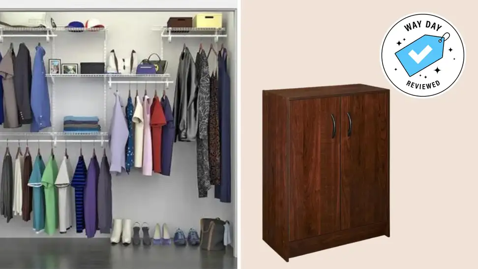 Two ClosetMaid storage products with the Way Day Reviewed badge in front of colored backgrounds,