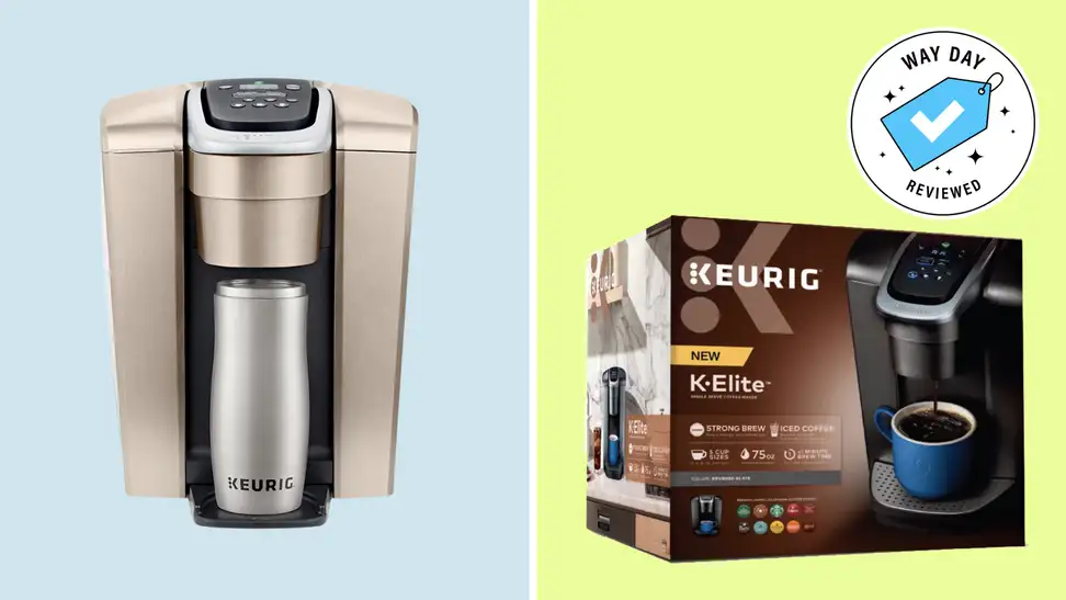 A collage with a Keurig K-Elite coffee maker and its box.