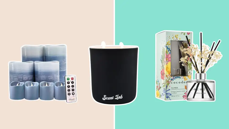 Three different candles and scents side-by-side on a tan and teal background.