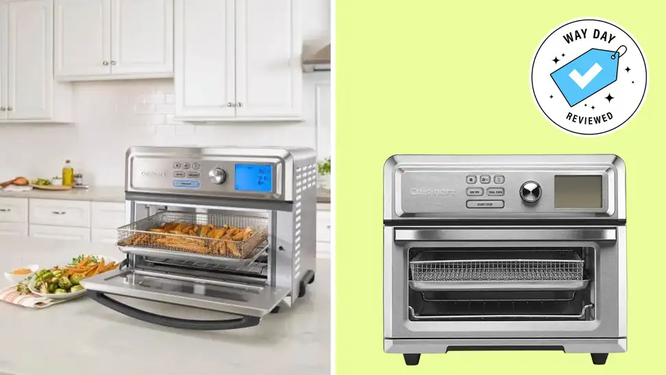 A collage of Cuisinart air fryer toaster ovens on an image with a Way Day badge.