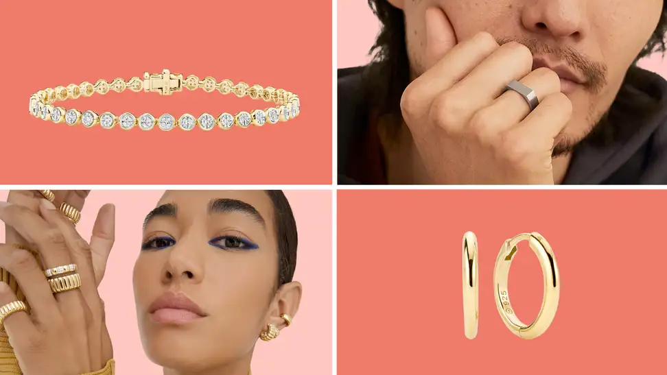 a diamond paved bracelet and a small pair of hoop earrings and two people modeling Mejuri jewelry.
