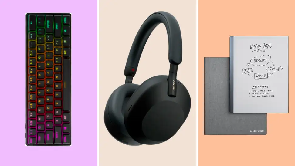 An image of an RGB keyboard in black, a pair of Sony headphones in black, and a reMarkable tablet as seen from the front and back.