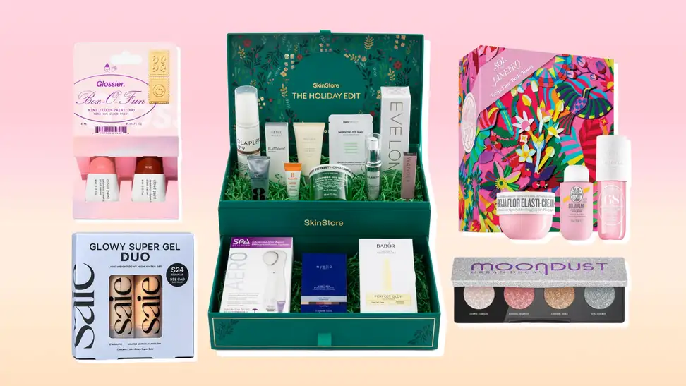 Collage of five holiday beauty sets against a pink and orange background.