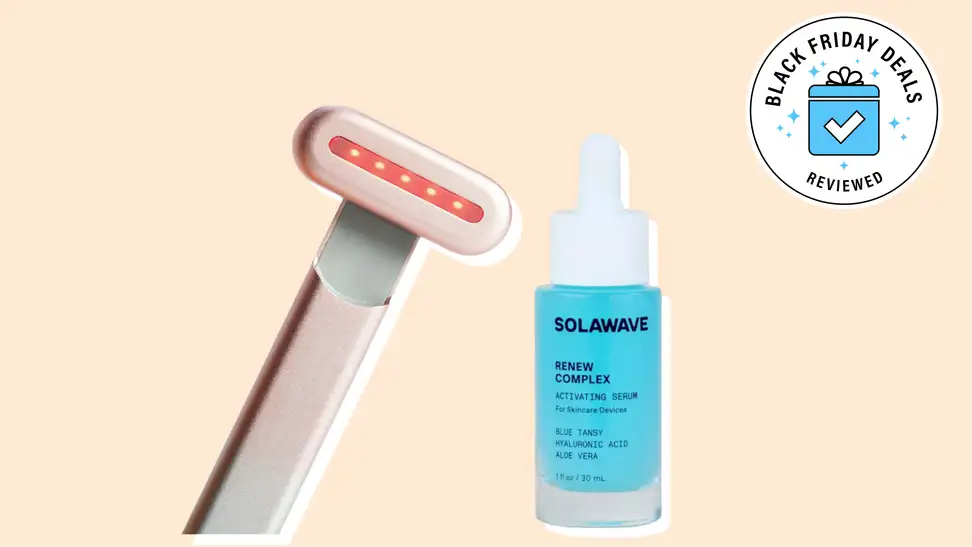 SolaWave wand and serum against a beige background.