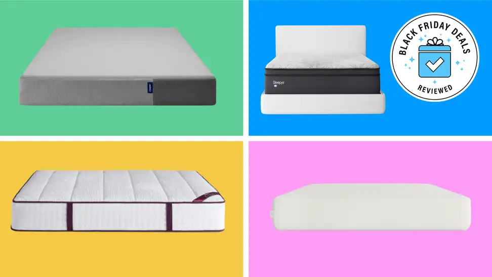 Four mattresses with the Black Friday Deals Reviewed badge in front of colored backgrounds.