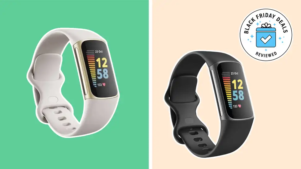 Two Fitbit Charge 5, one black and the other gold with a cream band, shown on a two tone background with a black Friday icon.