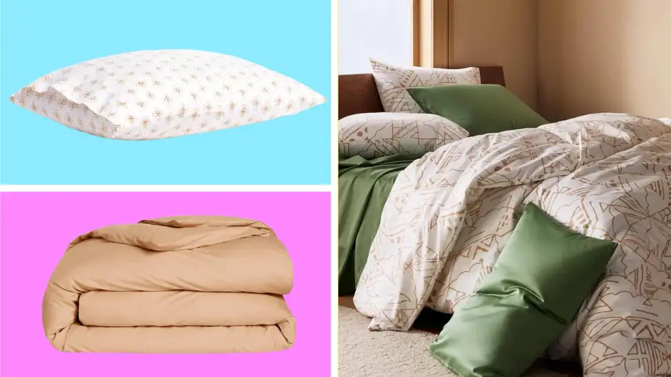 Three Brooklinen bedding items in front of colored backgrounds.