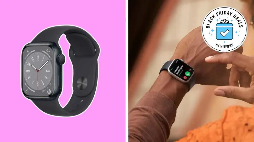 Left, Apple Watch Series 8 on color background. Right, watch on a wrist.