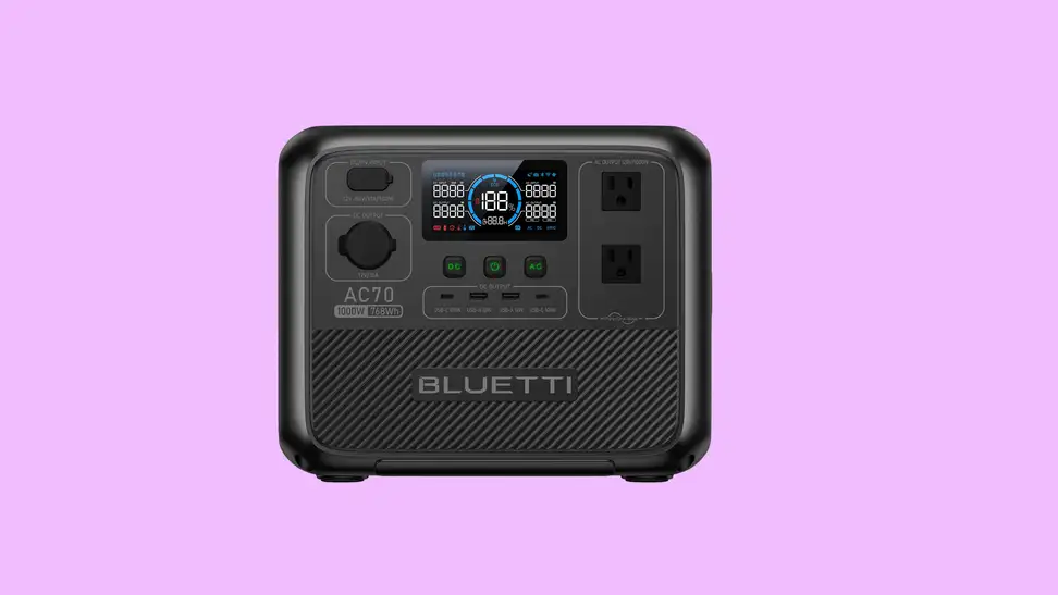 A close-up of the Bluetti AC70 power station on a light purple background.